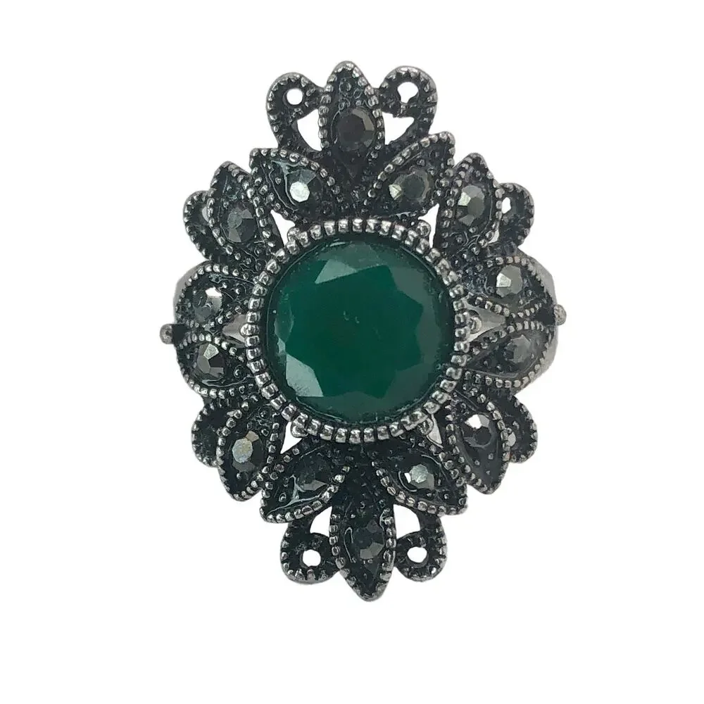 Silver and Green Rhinestone Statement Ring - Size 9